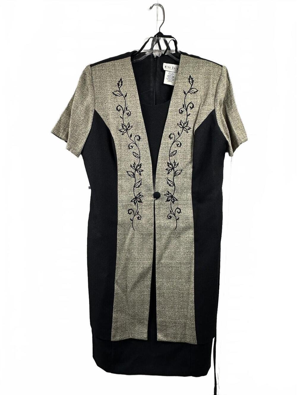 Miss Dorby Dress Size 14 Black Gray Embroidered Floral Vintage Midi USA Style